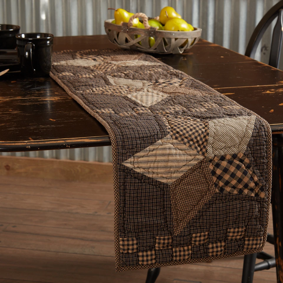Hand Quilted Patchwork Table Runner Farmhouse Star Black Tan Checks 48" Long - Image 2 of 4