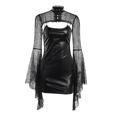 Womens Gothic Halloween Costume Outfit Faux Leather Bodycon Dress with Crop Tops