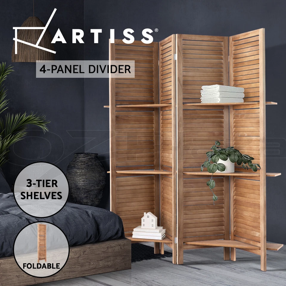 Artiss 4 Panel Room Divider Screen Partition Privacy Timber Shelf Stand Oak