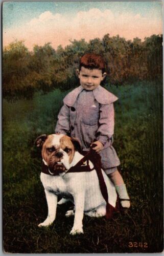 1910s Vintage Animal / DOG Postcard Little Boy &amp; Bulldog / Mitchell California