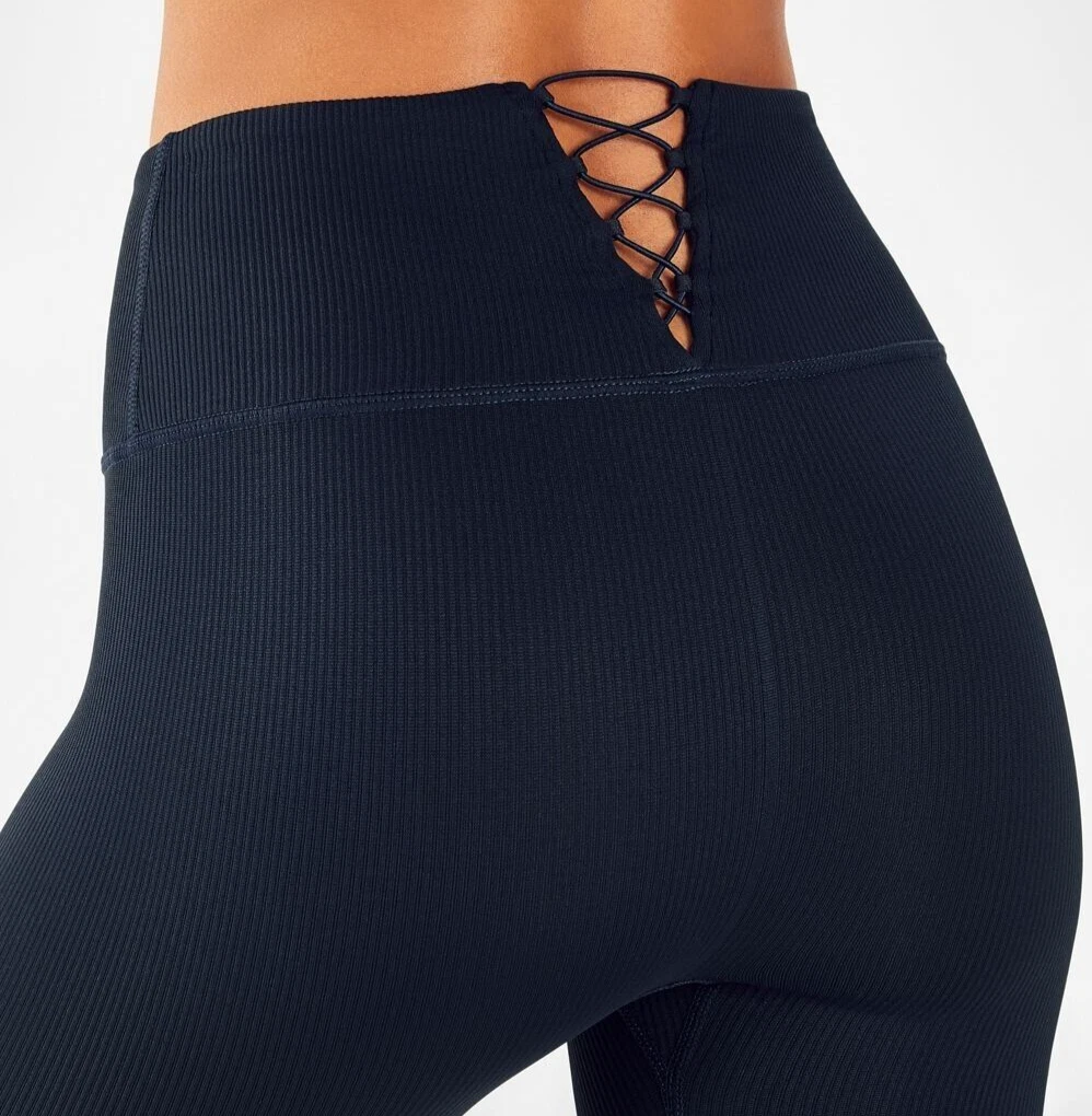fabletics ribbed high waisted seamless tie back compress leggings
