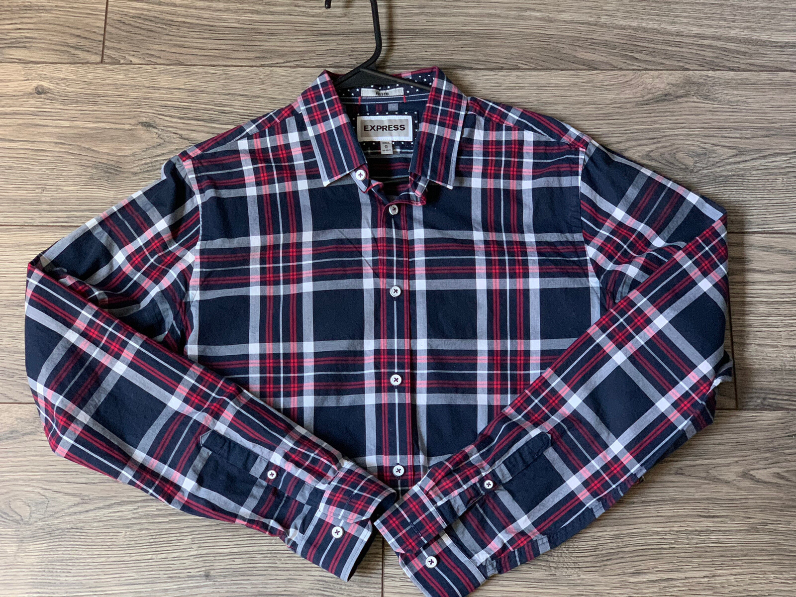 Dress Shirt Express Plaid Dress EXPRESS FITTED MEN'S BLUE, RED WHITE PLAID  DRESS SHIRT M 15-, image size:1600x1200