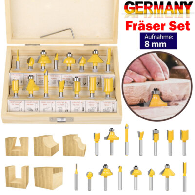 15tlg 8mm Fräsersatz HM Oberfräser-Set Schaft Nutfräser für Oberfräse Holzfräser