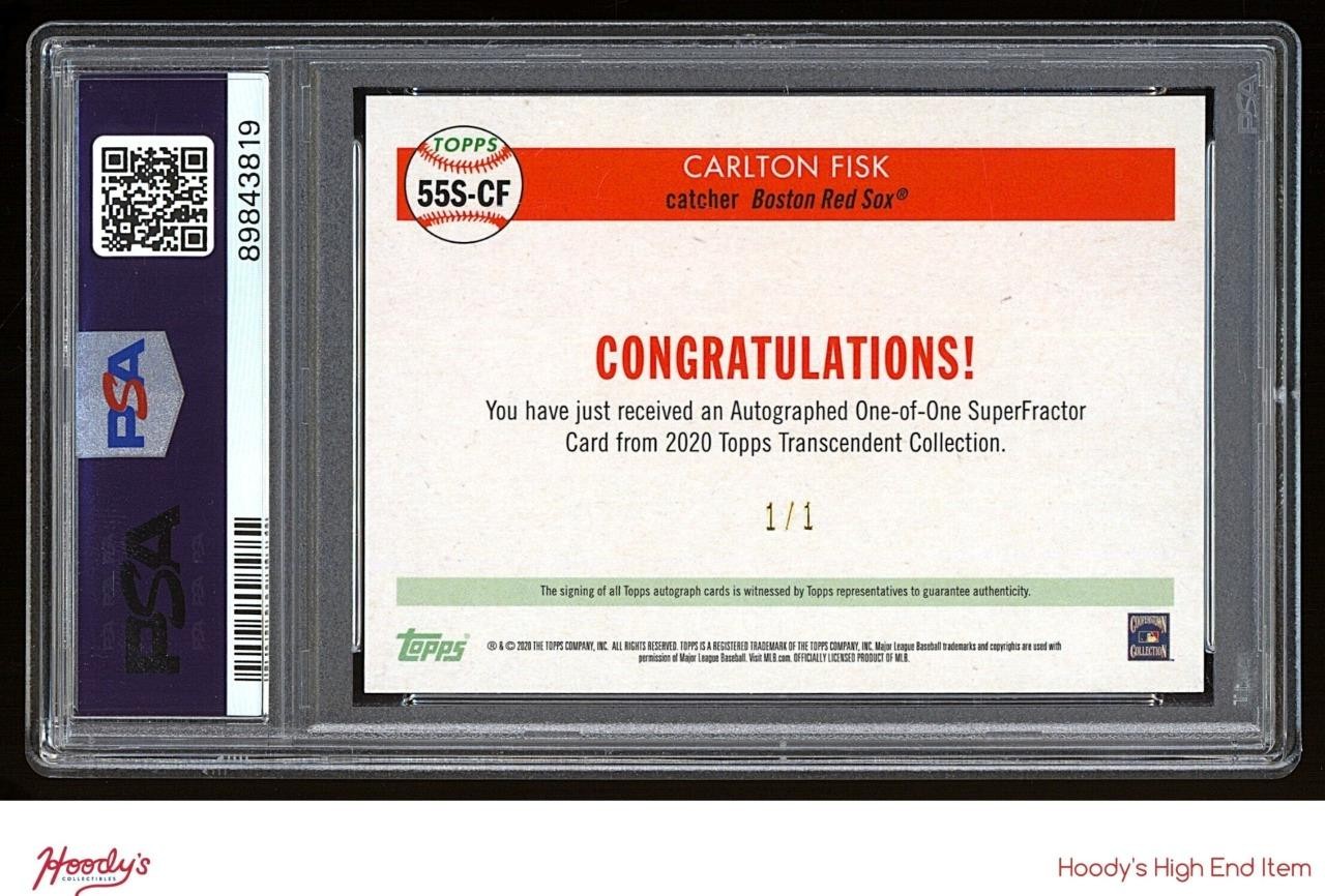 2020 Topps Transcendent '55 Superfractor Carlton Fisk ON CARD AUTO 1/1 PSA 10 view 2