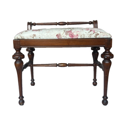 Antique Carved Cherry Finish Wood Bench Stool with Floral Upholstery - Rare!!