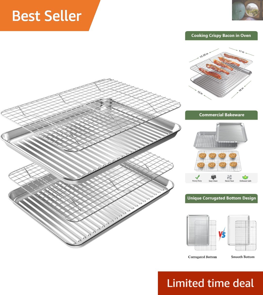 4-Piece Nonstick Baking Sheet Set with Cooling Racks – Perfect for Home Bakers