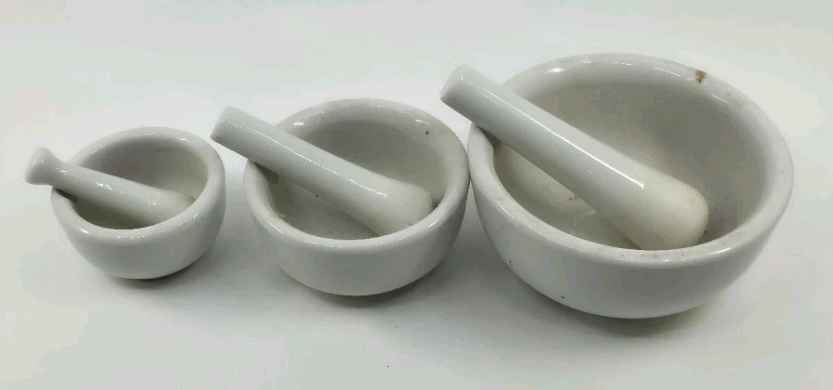 ​Vintage Porcelain Mortar & Pestle Set of 3 Lab Apothecary JAPAN Ceramic