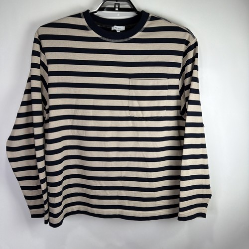 Reiss, Reiss Men’s Long Sleeve Pocket Tee Tan Navy Striped Thick Cotton NWOT Size M