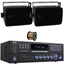 Pyle PD3000BAH 4CH Receiver, 2x 3.5'' 200W Indoor/Outdoor Wall Mount Speaker