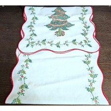 Vintage Christmas Embroidered Cross Stitched Table Runner 66" x 13.5"