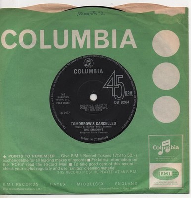 THE SHADOWS tomorrows cancelled*somewhere 1967 UK COLUMBIA 7'' 45