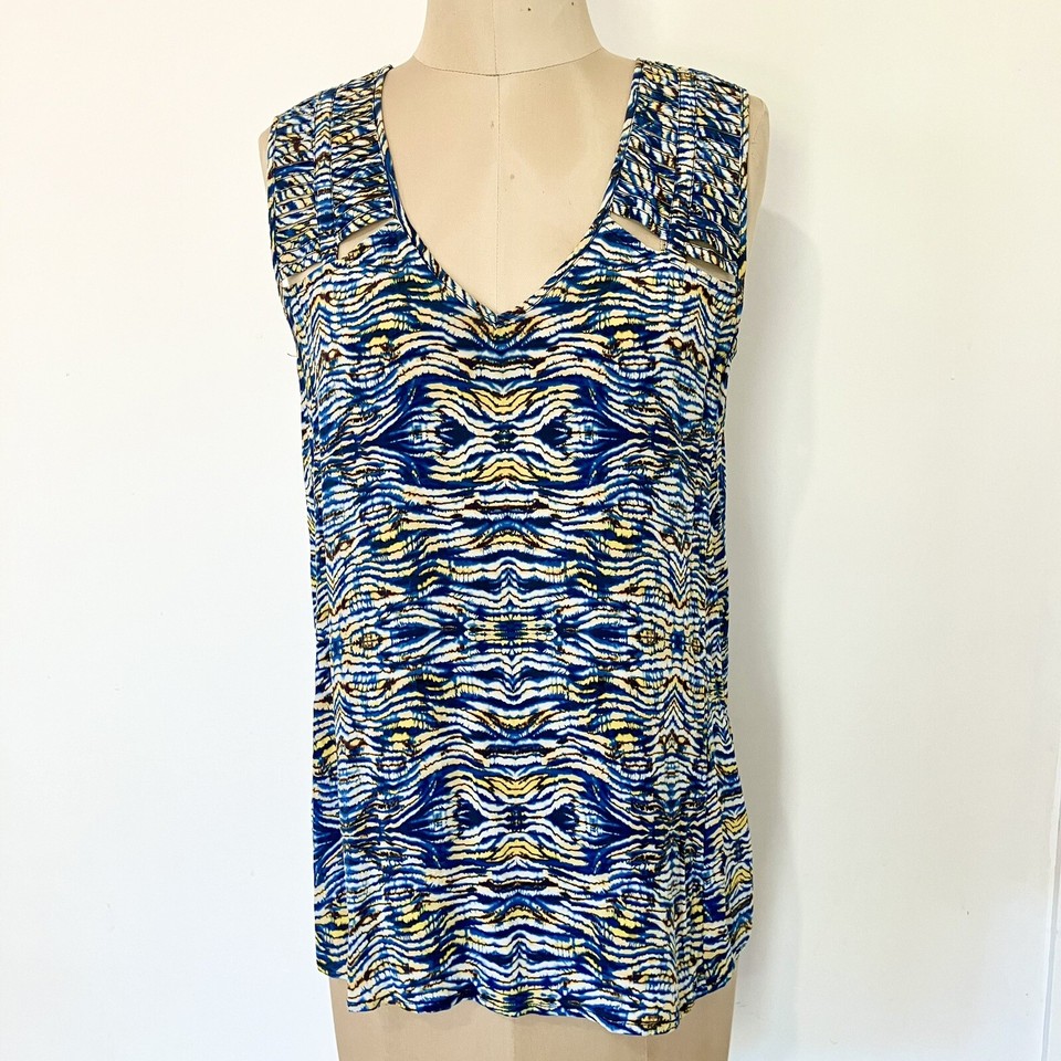 JAG 100% Silk Sleeveless Blouse Size 10 Blue Yellow Tie Dye Tank Top V Neck VGC