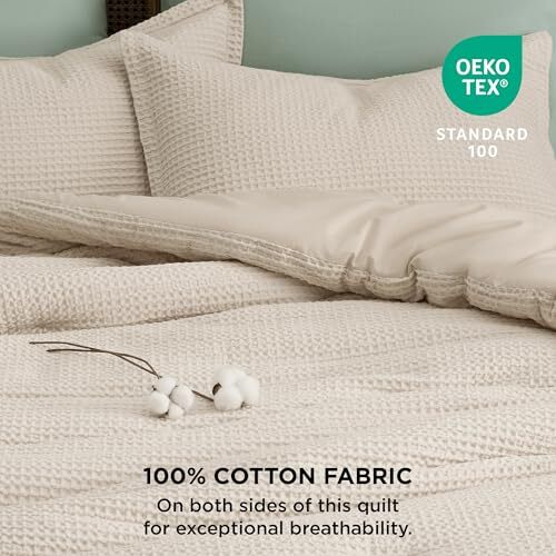 Waffle Comforter Set Beige Soft Cotton Bedding Set, Waffle Queen 01 - Beige - Picture 5 of 7