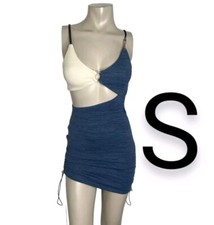 🆕Blue/Ivory Knit Ribbed Cut Out Mini Club Dress~Size S