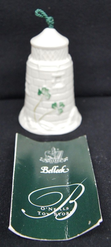 BELLEEK Shamrock Christmas Bell Ornament DUNORE LIGHTHOUSE 3.5" IRELAND