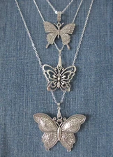 Butterfly Necklace Large Pendant Silver Rhinestone Retro Hippie Fairy Boho Chic