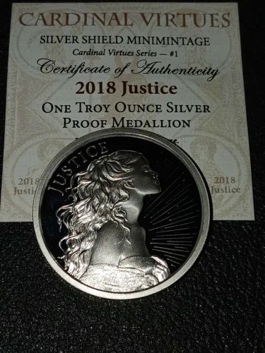 1 oz silver 2018 Cardinal Virtues- Justice proof wth coa silver shield