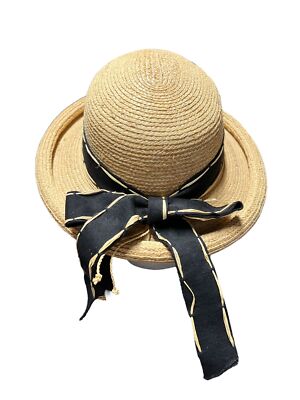 Callanan Rolled Edge Raffia Straw Sun Hat Black Band Bow Vacation Cruise READ Callanan Rolled Edge Raffia Straw Sun Hat Black Band Bow  main image 4