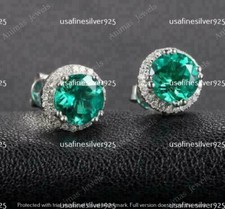 Real 925 Sterling Silver 4 CT Round Lab Created Green Emerald Halo Stud Earrings