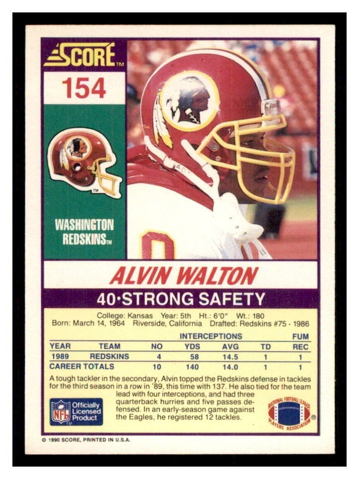 1990 SCORE NFL FOOTBALL Trading Card #154 - ALVIN WALTON, Washington ...