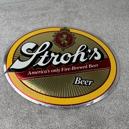 Vintage Stroh's Beer 16" x 14" Oval Bar Sign Cardboard Foil