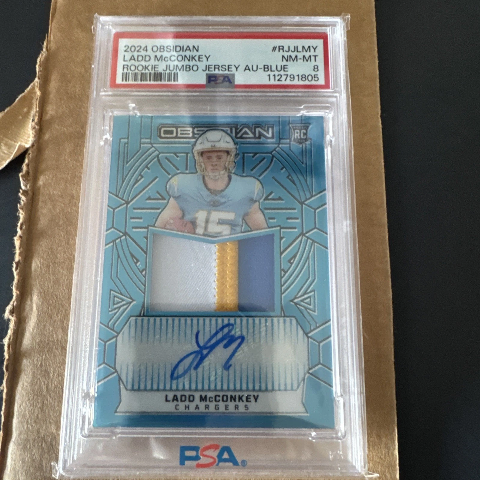 Ladd McConkey Panini Obsidian Rookie Jumbo Jersey Autographs #RJJLMY Blue