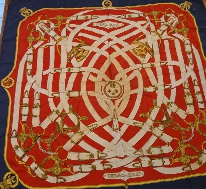Hermes Carre 90 Scarf Cavalcadeur  Silk Navy Red Color Women Used Vintage Paris