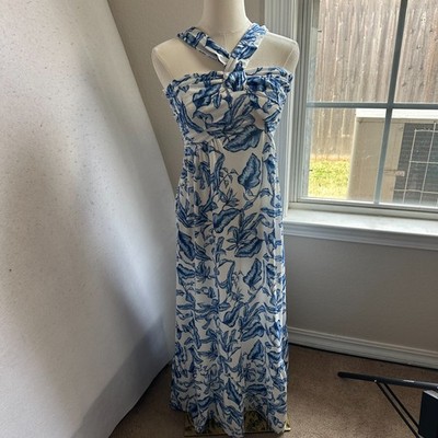 Grace Karin Blue White Tropical Leaf  Halter Maxi Dress Small babydoll NEW