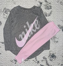 Little Girls Nike Gray/Pink/White Long Sleeve Shirt  Pink Leggings Set Sz/ 4