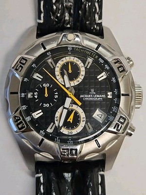 Jacques Lemans Men's Watch 1-1350 Chronograph 42mm, New Battery, Genuine Leather