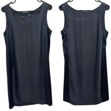 Eileen Fisher Gray Black Silk Georgette Satin Sleeveless Shift Dress Small Luxe