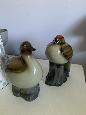 VTG Ries Rustic Bird Duck Quail Ceramic Chalkware Pair Set Hand Painted Japan