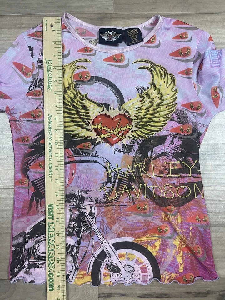 Camisa tatuaje transparente Harley Davidson vintage talla M rosa estrás Y2K camiseta bebé Foto 4 de 4