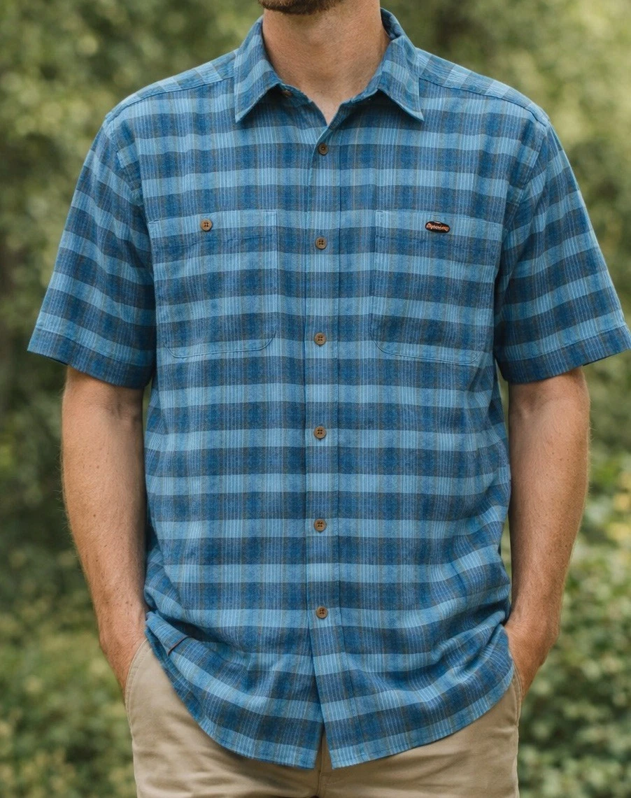 Patagonia Mens XXL Blue Plaid Short Sleeve Hemp Cotton Blend Button Down Shirt
