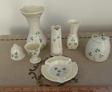 Lot of 7 Belleek Irish Shamrock Smalls & Med Vase