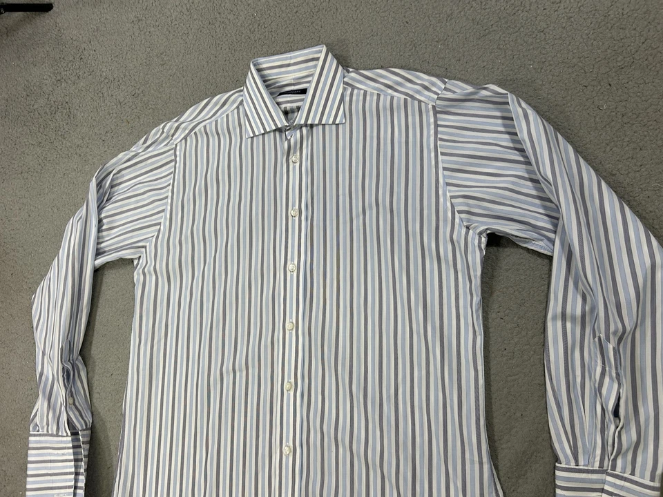 Camisa Burberry London Para Hombre 15 1/2 Grande Azul Blanco Rayas EE. UU. Puño Francés Foto 2 de 4