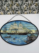 NEAR MINT 17  Maritime Sailboat Stained Glass Window Hang Vintage Suncatcher