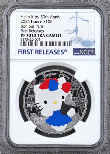 NGC PF70 FR HELLO KITTY Paris 50th Anniversary Silver Coin 10€ Euro France 2024