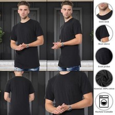 Men’s Plain T-Shirt Cotton Short Sleeve Crew Neck Long T Shirt with Front Pocket