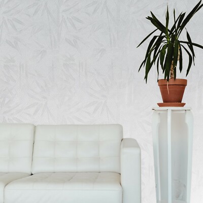 Contemporary Tropical Floral bamboo leaves off white textured hexagon wallpaper
