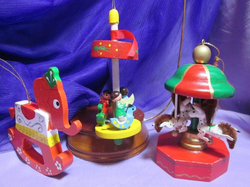 Lot of 3 Vintage Wood Christmas Ornaments -Carousel, Merry-Go-Round, Elephant