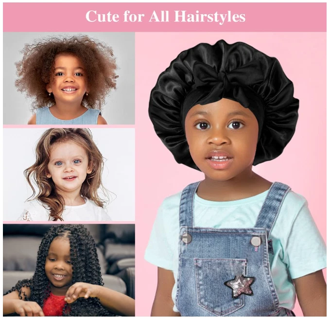 Cute Hair Bonnets for Girls 2+2 Satin Bonnets with Scrunchies for Kids FREE SHIP - Image 4 of 4