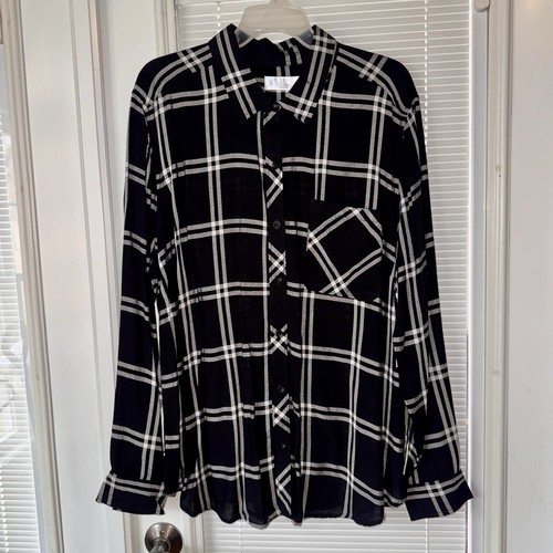 NWT Time and Tru Womens XXL 20 Plaid Button Front Shirt Black White Semi Fitted - Picture 2 of 7