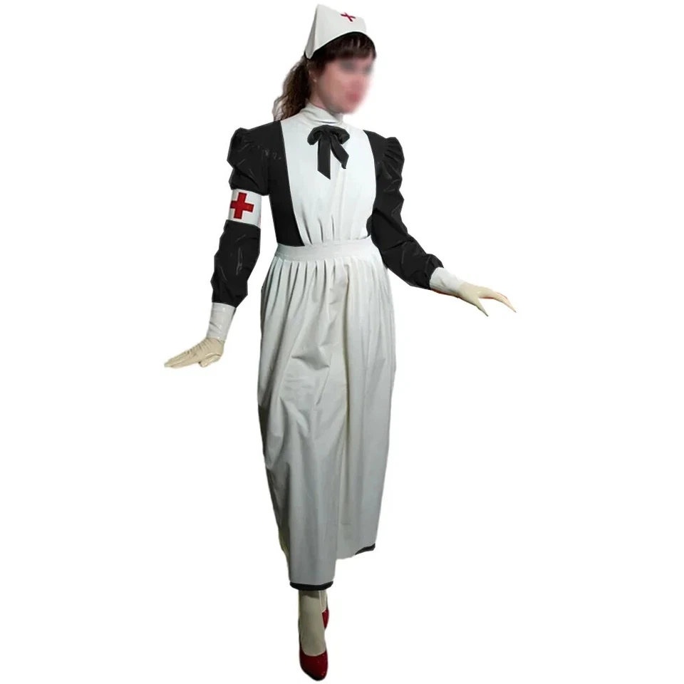 Sissy Long Nurse Dress Outfits Latex Look Nurse Uniforms Puff Long Sleeved - Image 2 of 4
