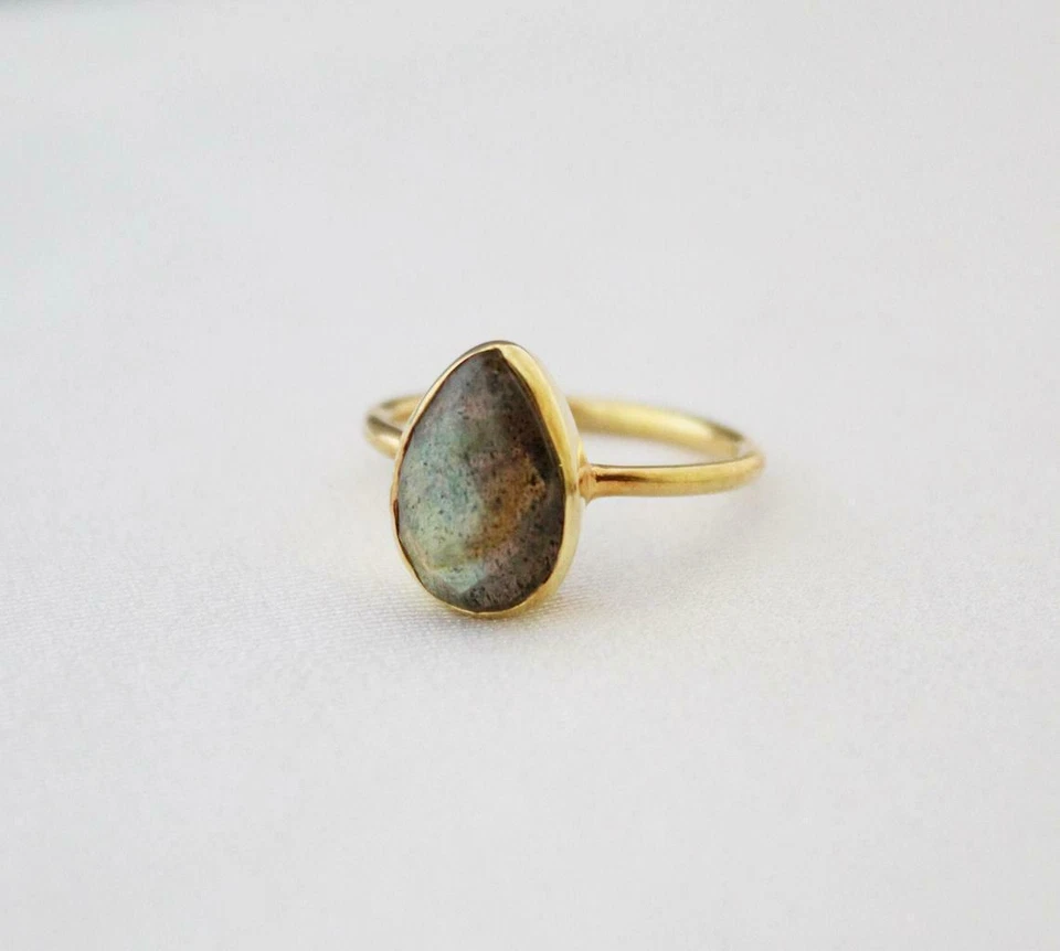 Labradorite Placcato Oro Anello, Blu Flash Gemma 925 Argento Sterling, Saldi - Immagine 3 di 4
