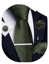 Solid Color Ties for Men Silk Satin Necktie and Pocket Square Olive Green