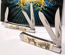 Buck Deer Scrimshaw Scene Smooth White Bone 2, 3 Blade Folding Pocket Knife Set