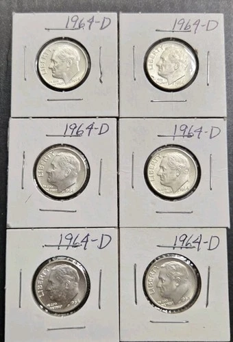 1964-D Roosevelt Dime Lot Of 6 Uncirculated 90% Silver