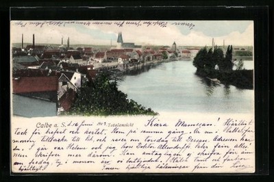 Ansichtskarte Calbe an Saale, Totalansicht mit Blick zur Kirche 1903 