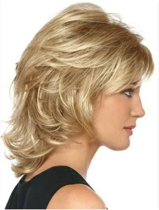 Peluca de cabello sintético rubio hinchable ondulado corto en capas para mujer suave natural uso diario Foto 2 de 4